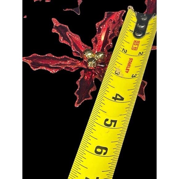 Vintage Poinsettia ClipOn Christmas Ornament Metallic Glitter w/ Jingle Bells 5” - Picture 7 of 7